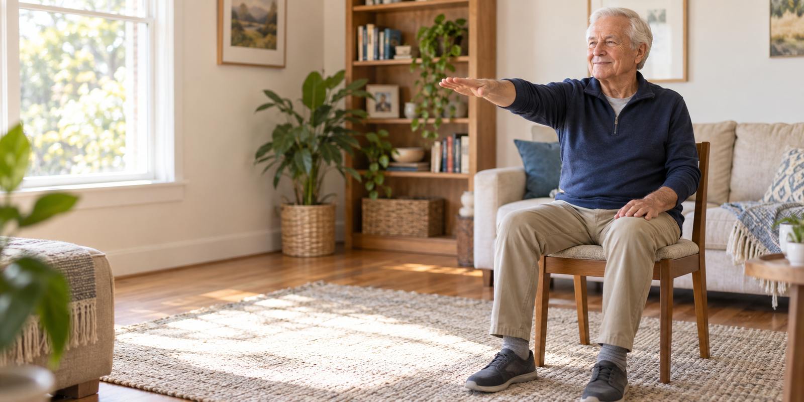 An older man doing a gentle seated exercise in his living room